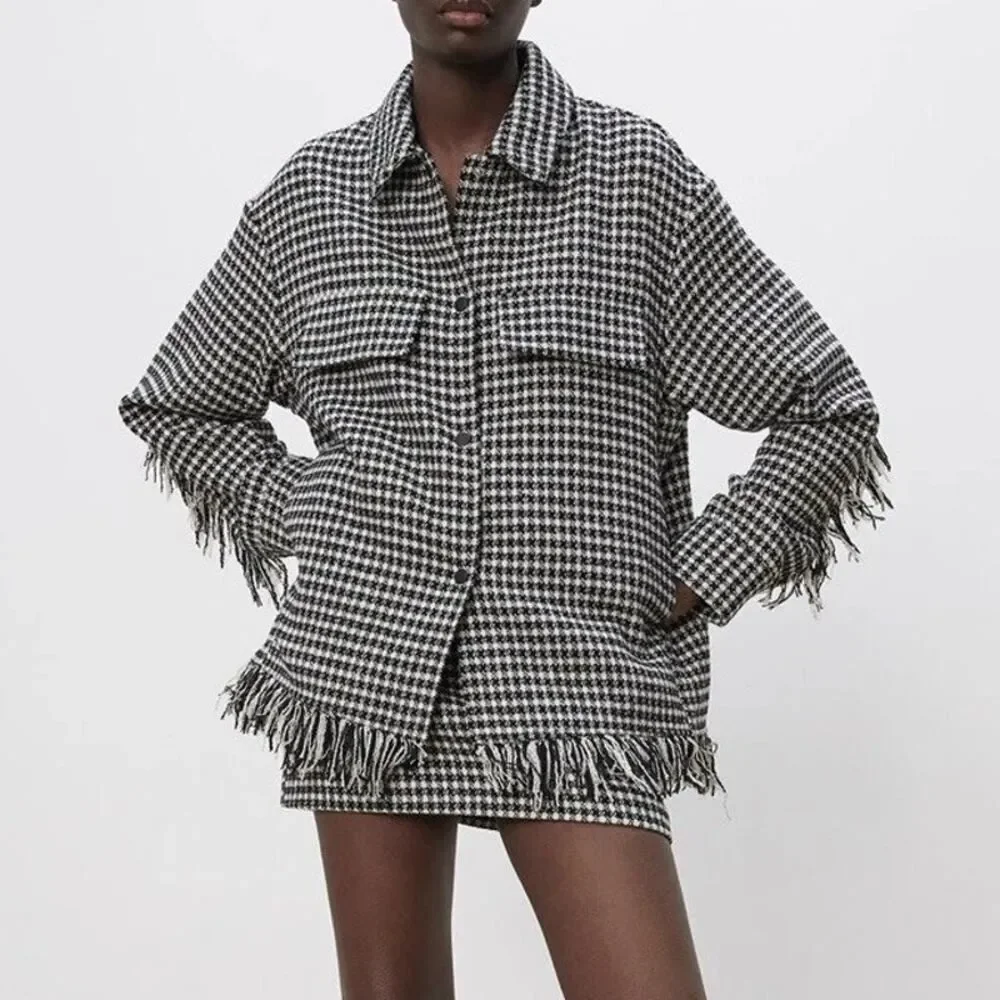 Zara Houndstooth Fringed Overshirt Barn Jacket Oversized Tweed Shacket 4391/737 - Picture 9 of 15